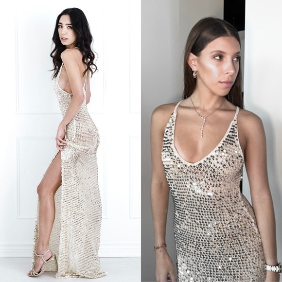 NWT RETROFETE Sequined Crochet Plunge V-Neck Cross Back Sleeveless Maxi Dress XS - Picture 2 of 16